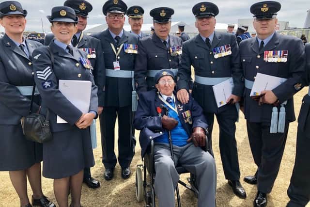 Stanley Northeast from Littlehampton at the D-Day 75 commemorations in Portsmouth, with a gang of RAF officers